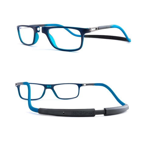 INDESmed Magnetic Reading Glasses, Blue Light Filter, and Interchangeable Adjustable Straps, for Men and Women (Blue, 1.5, Diopters)