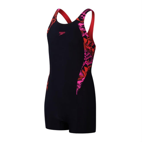 Speedo Girls Printed Panel Legsuit Swimming Costume Black Watermelon Flare Pink, Black, Watermelon, Flare Pink, 5-6 Years