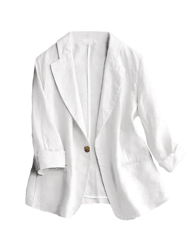Cotton Linen Blazer Women 3/4 Sleeve Suit Jackets for Work Business Casual Lightweight Summer Blazers(White, M)