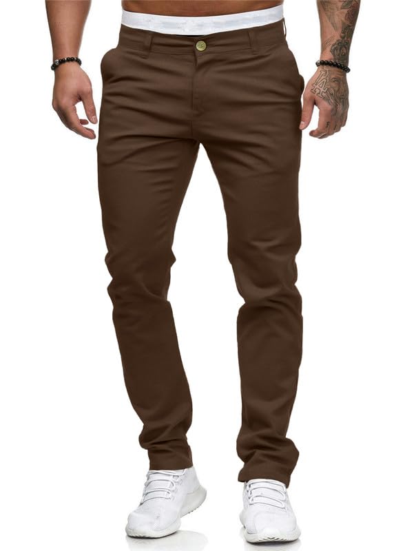 HUNGSON Mens Chinos Slim Fit Stretch Flat-Front Skinny Dress Pants (Brown,32W*30L)