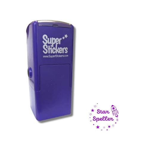 Superstickers Teacher Stamp - Star Speller Rocket Design - Violet Ink - Self Inking Education Stamper For Marking - 23 x 23mm