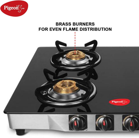 Pigeon by Stovekraft Blaze Gas Stove with High Powered 4 Brass Burner, Glass Cooktop has Glass Top and Stainless Steel body, Manual Ignition (Black)