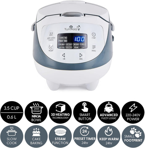Yum Asia Panda Mini Rice Cooker With Ninja Ceramic Bowl and Advanced Fuzzy Logic (3.5 cup, 0.63 litre) 4 Rice Cooking Functions, 4 Multicooker functions, LED display, 220-240V (White and Grey)