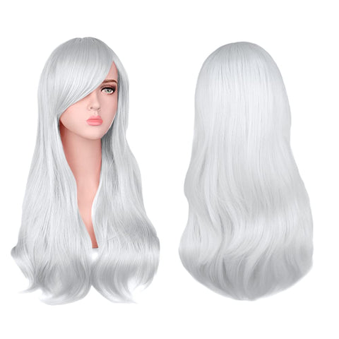 AOMIG Long Wavy White Wigs for Women, 3 Pack Long White Wigs Set with Sunglass & Wig Cap, Natural Full Long Curly Anime Cosplay Wig with Bangs, 28 Inch Synthetic Wig for Daily Cosplay Party Use