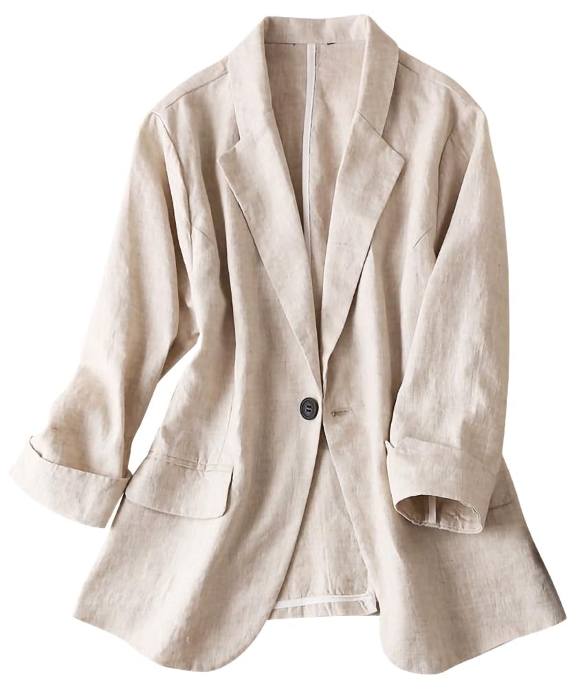 Beige Blazer for Women Fashion Casual Lightweight Work Office Spring Blazer Suit Jackets Cotton Linen Tops Summer Clothes Outfits(Beige Blazer, S)