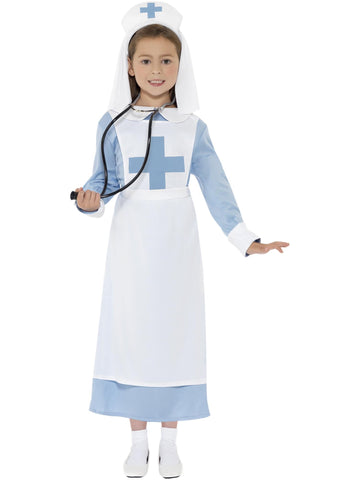 Smiffys WW1 Nurse Costume, Blue Dress, Mock Apron and Headpiece, Girls Fancy Dress, Child Dress Up Costumes