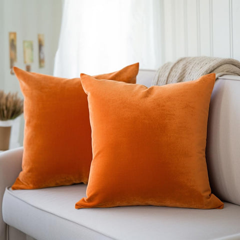 Encasa Christmas New Year VELVET Cushion Covers 2pc Set (50x50 cm) - Orange Solid Plain Dyed, Soft & Smooth, Washable, Square Decorative Large Throw Pillow Case for Couch, Sofa, Chair, Bed