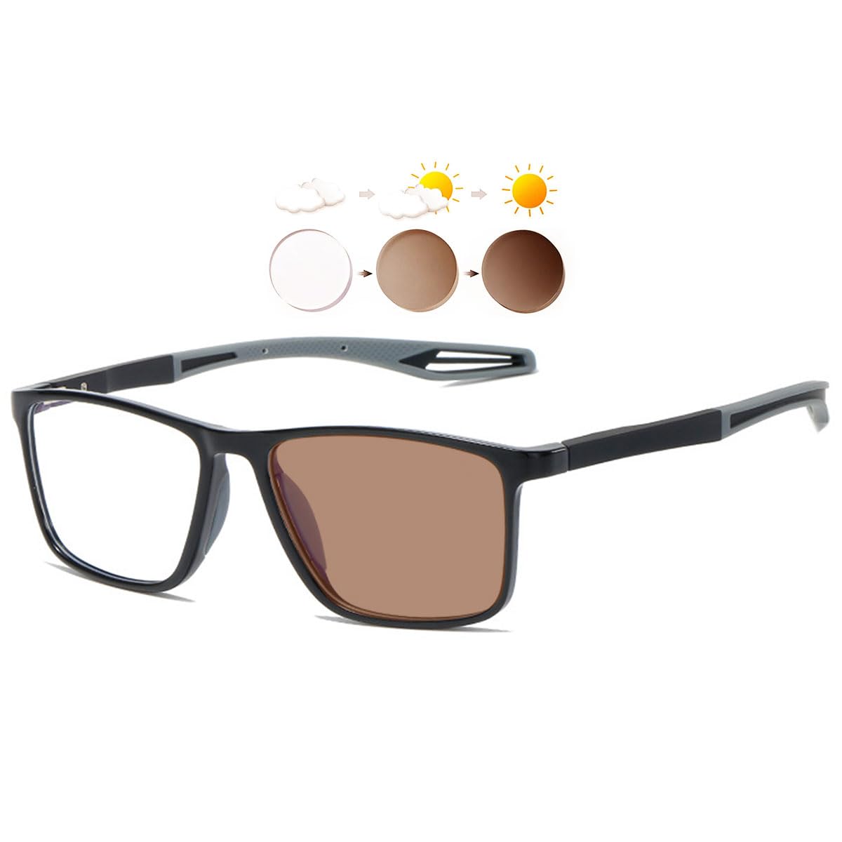 KOOSUFA Photochromic Reading Glasses Blue Light Blocking Sun Readers UV Protection TR90 Super Lightweight Sunglasses for Men Women 3 in 1 Lenses Darken In Sunlight Brown Lens/Black grey 1.0