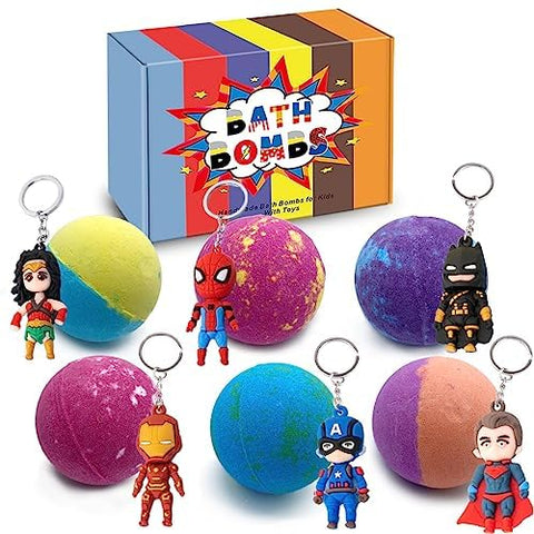 7 Oz Bath Bombs for Kids with Surprise Toys Inside Superhero Keychain Toys Inside 6 Pcs Large Bath Bombs Natual Fizzy Bubble Colorful Kids Bath Bombs, Birthday Christmas Gifts Set for Boys & Girls