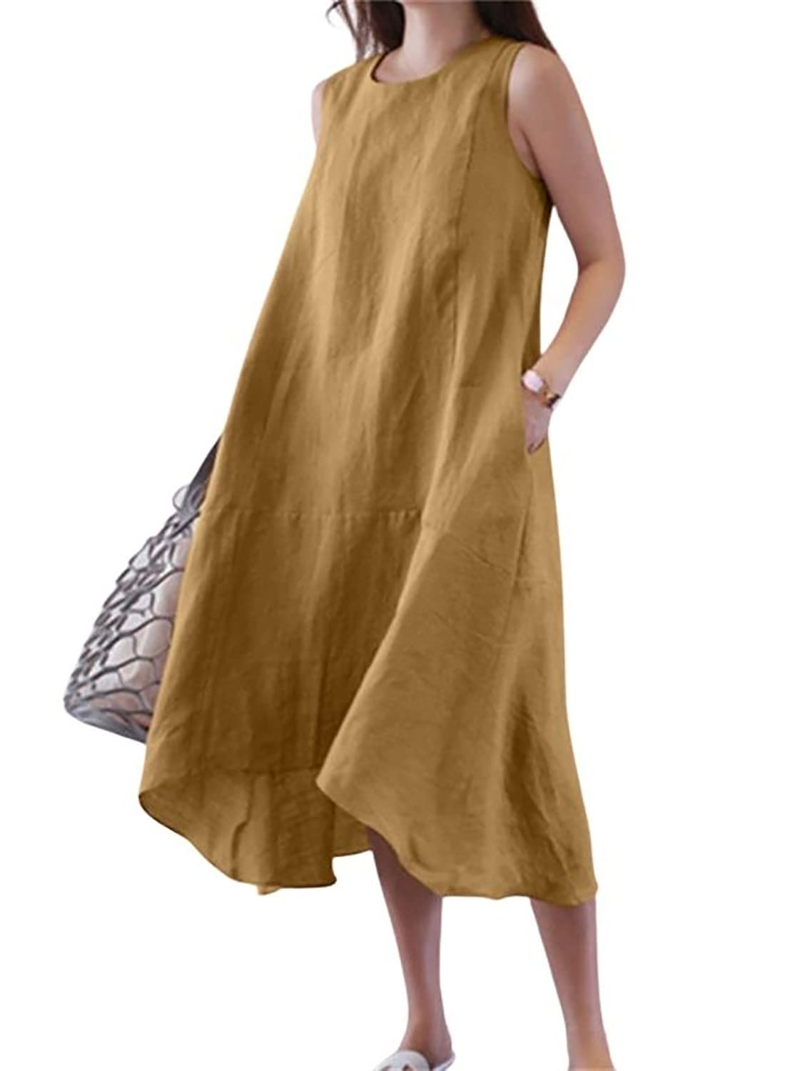 yoeasy Women Cotton Linen Crew Neck Sleeveless High Low Tank Long Dress Summer Casual Flowy Maxi Dress (Small, Yellow)