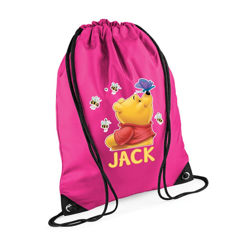 The Pooh With Butterfly Backpack Cartoon Character, Personalised Bag, Bag For Friend, Birthday Drawstring Bag, PE Gym Kit Swimming, Sport Rucksack. (Fuchsia)