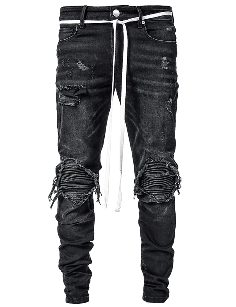 IDEALSANXUN Mens Ripped Stretch Jeans Casual Slim Fit Distressed Plaid Pattern Skinny Biker Jeans(Black 2013, 34)