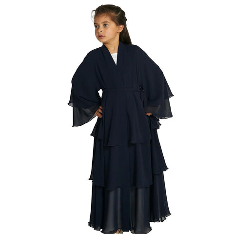 Abaya For Girls Kids Muslim Chiffon layered Open Abaya Dress Dubai Turkey Kaftan Cardigan Abayas Dresses For Girl Casual Robe Kimono Islam Clothing Prayer Clothing Black 4-5 Years