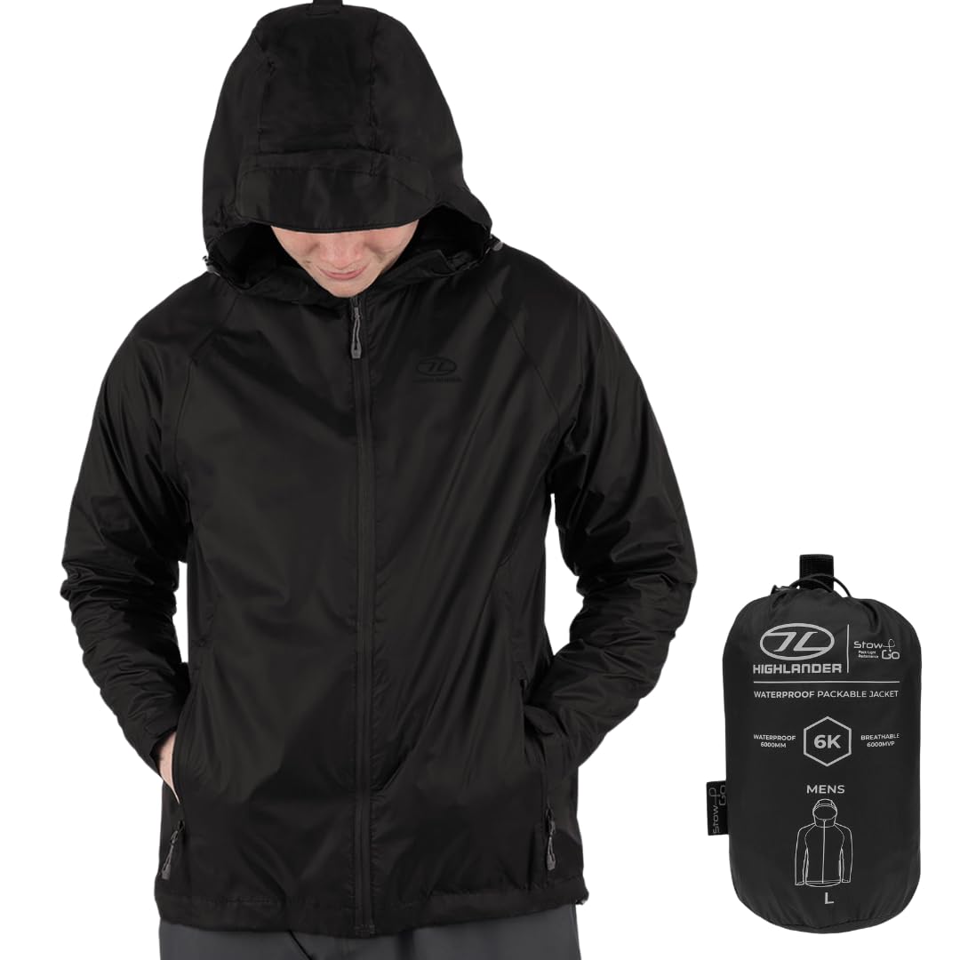 Highlander Menâ€™s Waterproof Jacket - Stow & Go Packaway Jacket - Ultimate Waterproof Protection, Lightweight & Breathable, Perfect for Everyday and Outdoor Adventures