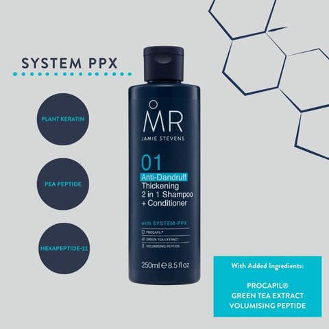 MR Men's Anti-Dandruff 2in1 Shampoo and Conditioner, Naturally Strengthen and Nourish Hair with System PPX, Reduce Hair Loss and Restore Thickness in Hair, 250ml