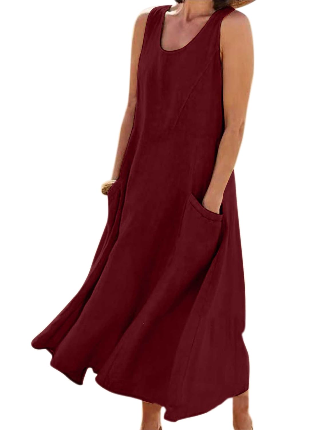 yoeasy Women's Cotton Linen Casual Loose Pockets Long Dress Plain Sleeveless Tank Dress, Wine Red, XL
