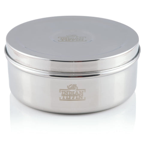 Indian-Tiffin Masala Dabba - Airtight Spice Container - Food Grade Stainless Steel - with Spice Labels & Spoon (Large (20cm), Steel Lid, Inner Lid, No Lid on Inner Pots)
