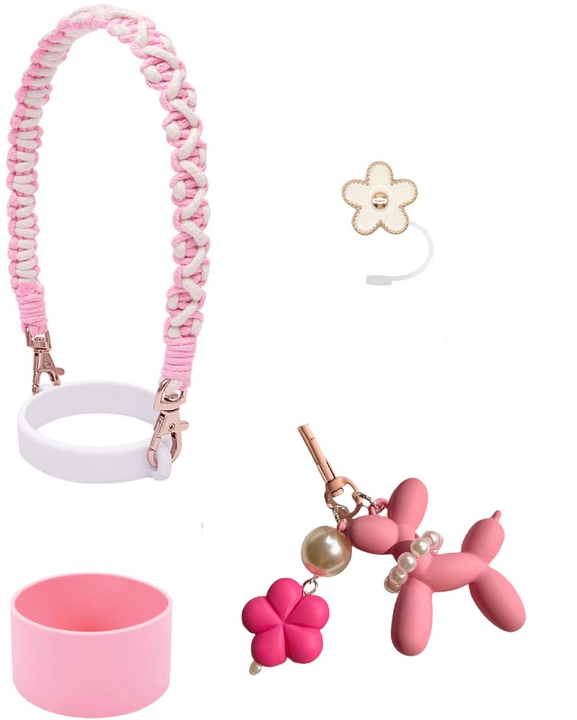 BELSITA Stanley Cup Accessories Set, Dog Pearl Chain Braided Design Water Bottle Handle Strap, Silicone Stanley Cup Boot, Stanley Charms for Stanley Cup 30/40oz Tumble (3.Pink)