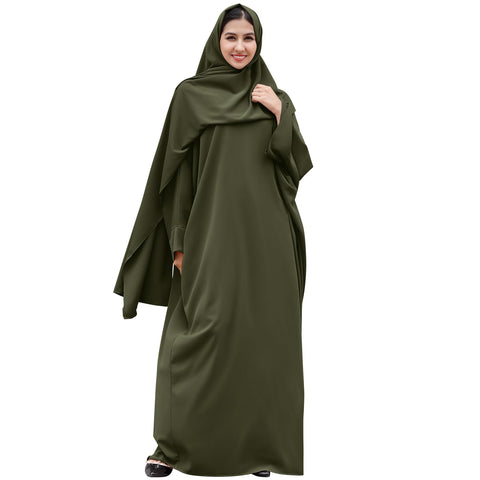 Muslim Abaya for Women One Piece Long Sleeve Islamic Prayer Dress with Hijab Loose Full Length Maxi Cover Kaftan Robe Gown with Khimar Jilbab Niqab Dubai Modest Clothes Army Green + Hijab One Size