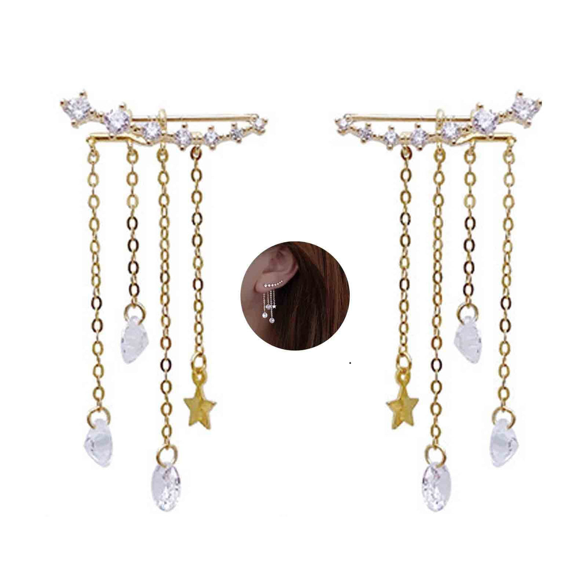 Yheakne Boho Star Ear Jacket Earrings Gold Cz Star Ear Climber Earrings Crystal Chain Tassel Earrings Crystal Ear Crawler Long Chain Earrings Jewelry for Women and Girls Gifts (Gold)