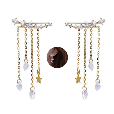 Yheakne Boho Star Ear Jacket Earrings Gold Cz Star Ear Climber Earrings Crystal Chain Tassel Earrings Crystal Ear Crawler Long Chain Earrings Jewelry for Women and Girls Gifts (Gold)