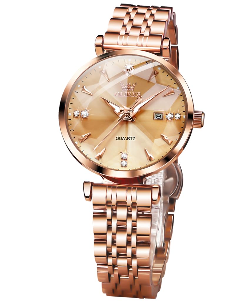 OLEVS Rose Gold Watch for Women Diamond Luxury Dress Wristwatch Luminous Waterproof