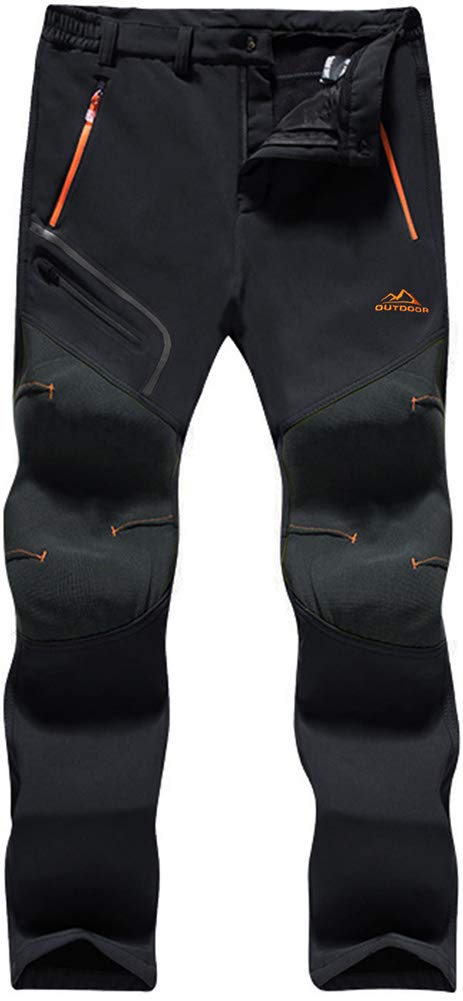TACVASEN Winter Trousers Mens Waterproof Softshell Trousers Thermal Windproof Trousers Mens Mountain Fleece Camping Warm Hiking Trousers Zip Pockets, Thick - Black, 32