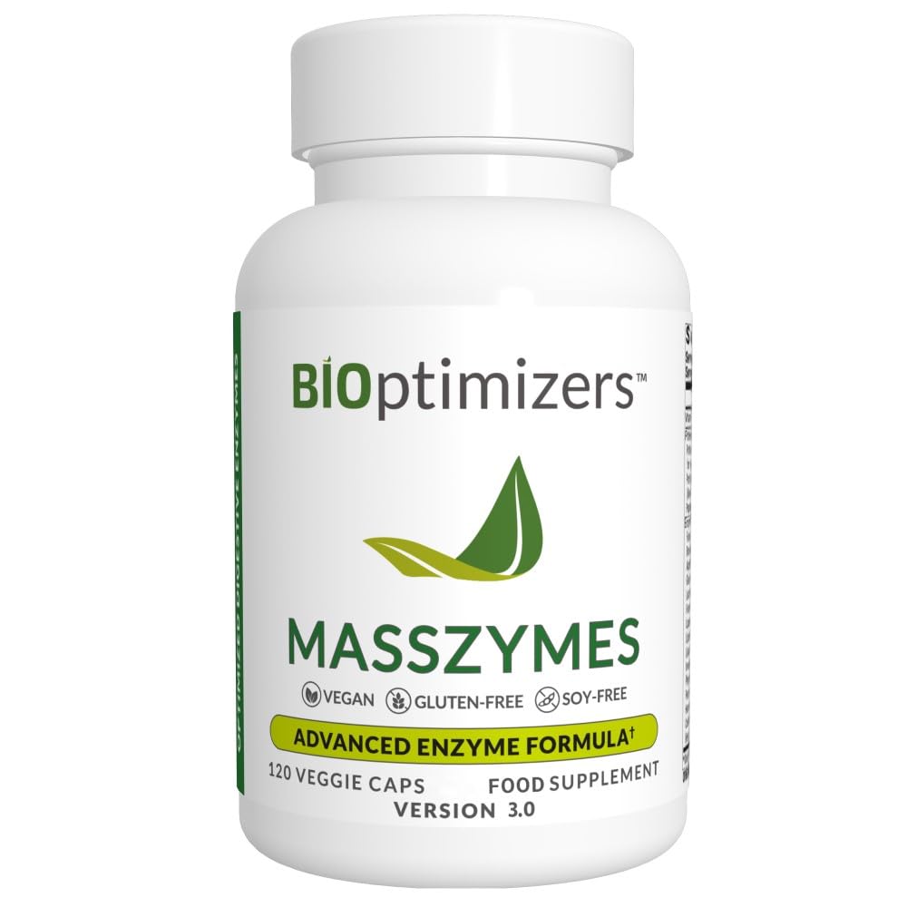 BiOptimizers MassZymes | Digestive Enzyme Supplement for Better Absorption | Relief from Bloating, Constipation, and Gas for Men & Women | Contains Lipase, Amylase & Bromelain | 120 Capsules