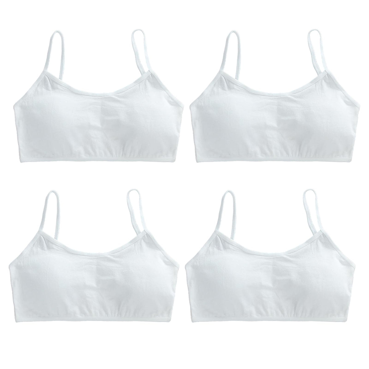 FUIPVGI 4 Pack Sports Bra for Girls, Soft Cotton Girls Sports Bra Vest Training Bras Underwear with Removable Pads, Crop Top Bra for Girls 8-16 Years (White)