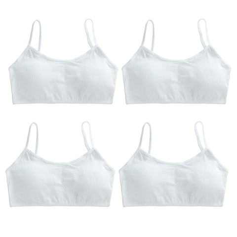 FUIPVGI 4 Pack Sports Bra for Girls, Soft Cotton Girls Sports Bra Vest Training Bras Underwear with Removable Pads, Crop Top Bra for Girls 8-16 Years (White)