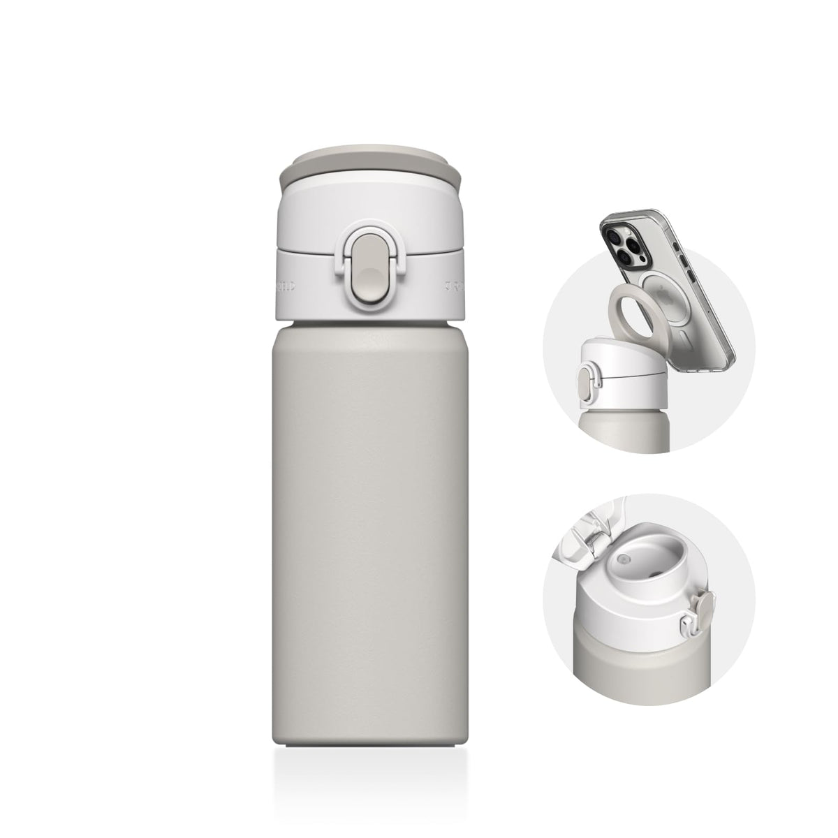 RhinoShield AquaStand Magnetic Bottle 16 oz | Round Mouth Stainless Steel Insulated Water Bottle, Sport Bottle with MagSafe Compatible Handle, Tripod with Adjustable Angles, Leak Proof - Shell Beige