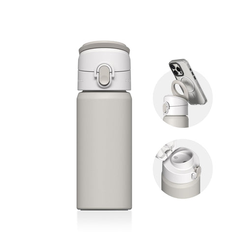 RhinoShield AquaStand Magnetic Bottle 16 oz | Round Mouth Stainless Steel Insulated Water Bottle, Sport Bottle with MagSafe Compatible Handle, Tripod with Adjustable Angles, Leak Proof - Shell Beige