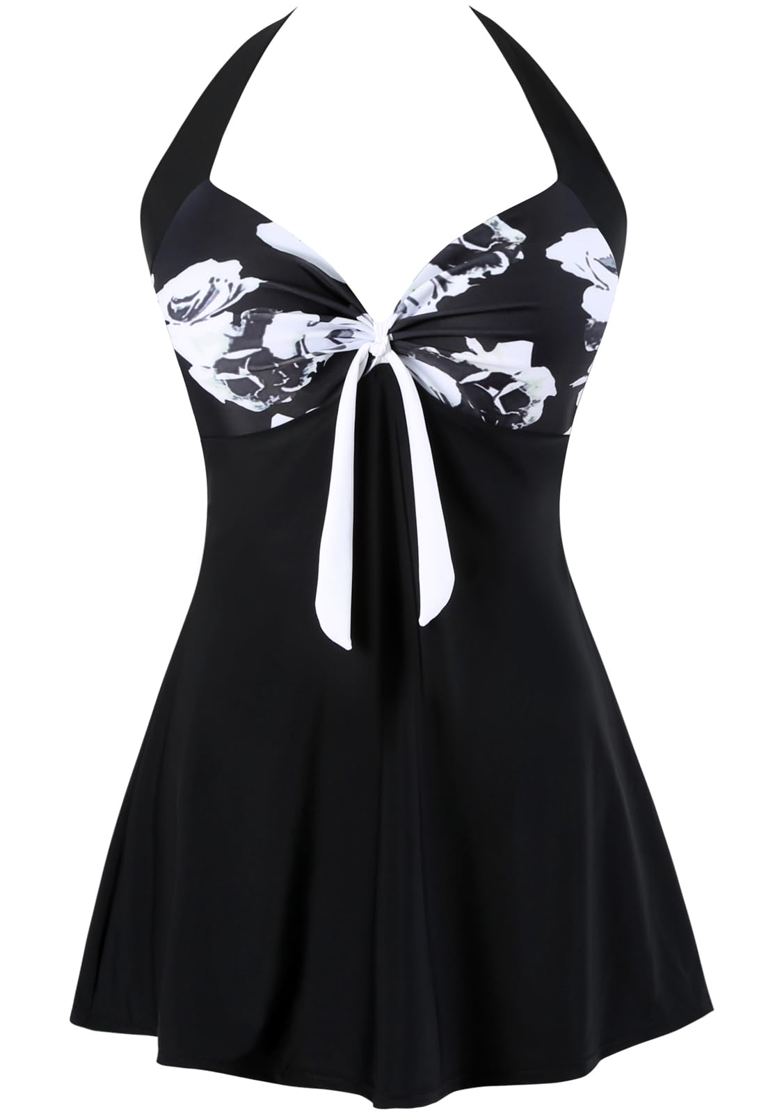 Sixyotie Women's Plus Size Swimsuit One Piece Swim Dress with Skirt Tummy Control Swimwear (Black Flower, 2XL)