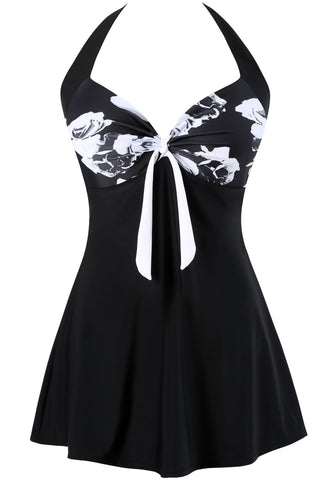 Sixyotie Women's Plus Size Swimsuit One Piece Swim Dress with Skirt Tummy Control Swimwear (Black Flower, 2XL)