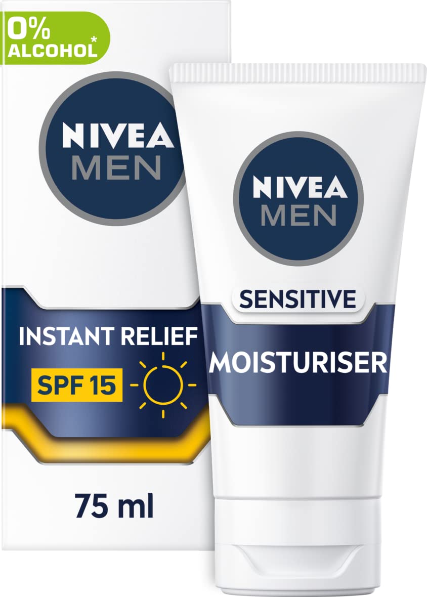 NIVEA MEN Sensitive SPF15 Moisturiser (75ml), 0% Alcohol Face Moisturiser Relieves 5 Signs of Skin Irritation and Protects Skin Against UVA/UVB Rays, Non-Greasy Formula