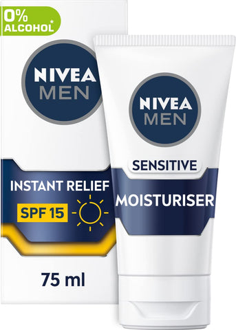 NIVEA MEN Sensitive SPF15 Moisturiser (75ml), 0% Alcohol Face Moisturiser Relieves 5 Signs of Skin Irritation and Protects Skin Against UVA/UVB Rays, Non-Greasy Formula