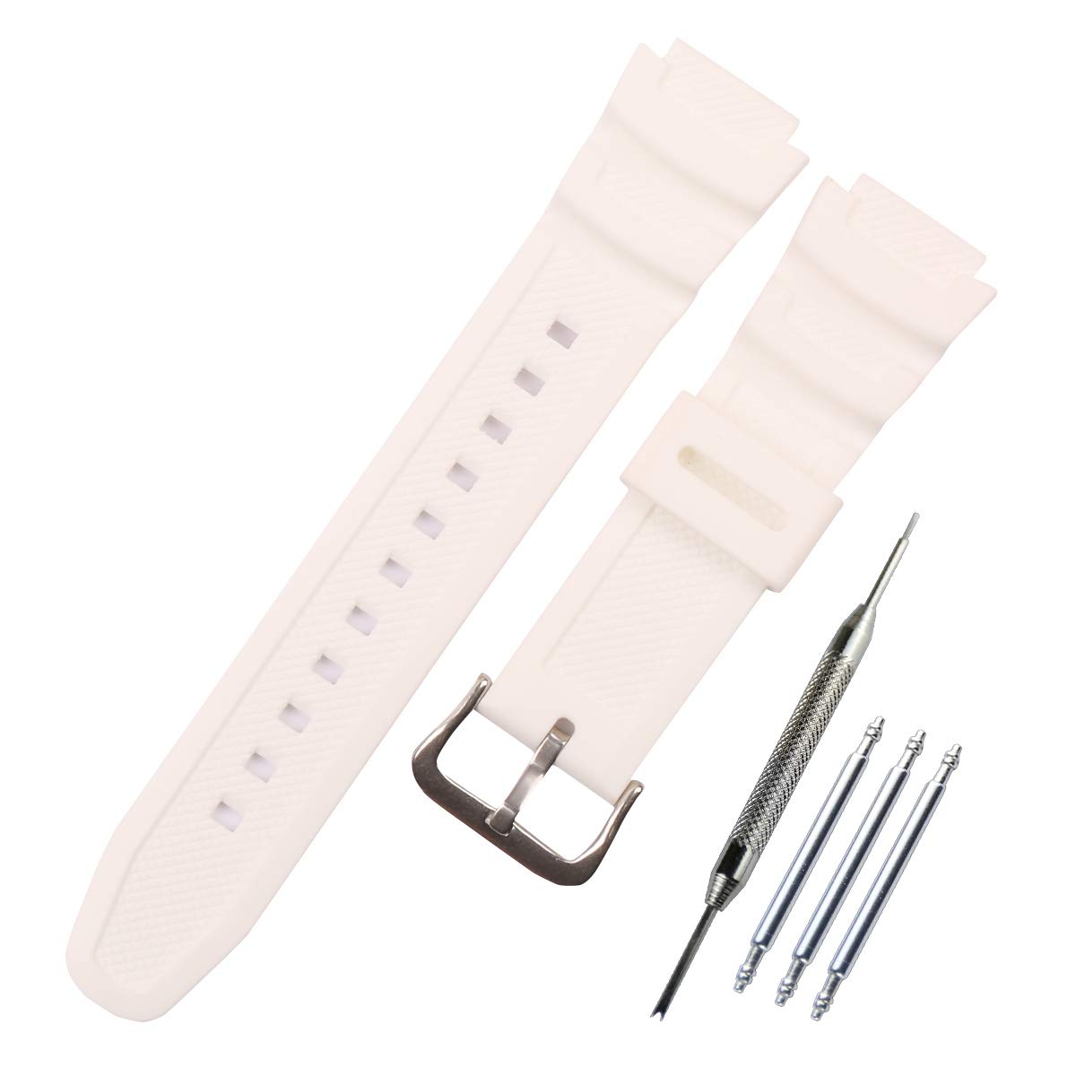 MCXGL Natural Resin Replacement Watch Band Compatible with Casio W218H W-219H AE1200WH AE-1300WH W800H SGW-300H F-108WH Waterproof Rubber strap, White silver buckle, 18mm, Men's mesh belt