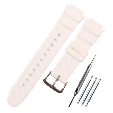 MCXGL Natural Resin Replacement Watch Band Compatible with Casio W218H W-219H AE1200WH AE-1300WH W800H SGW-300H F-108WH Waterproof Rubber strap, White silver buckle, 18mm, Men's mesh belt
