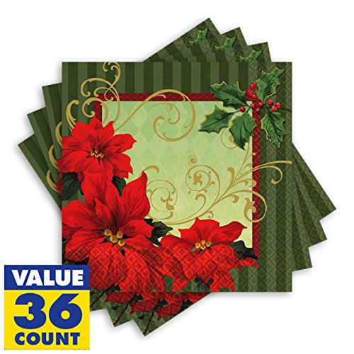 Amscan Vintage Poinsettia Beverage Napkins Christmas Party Tableware (36 Pieces), Red/Green, 5" x 5"