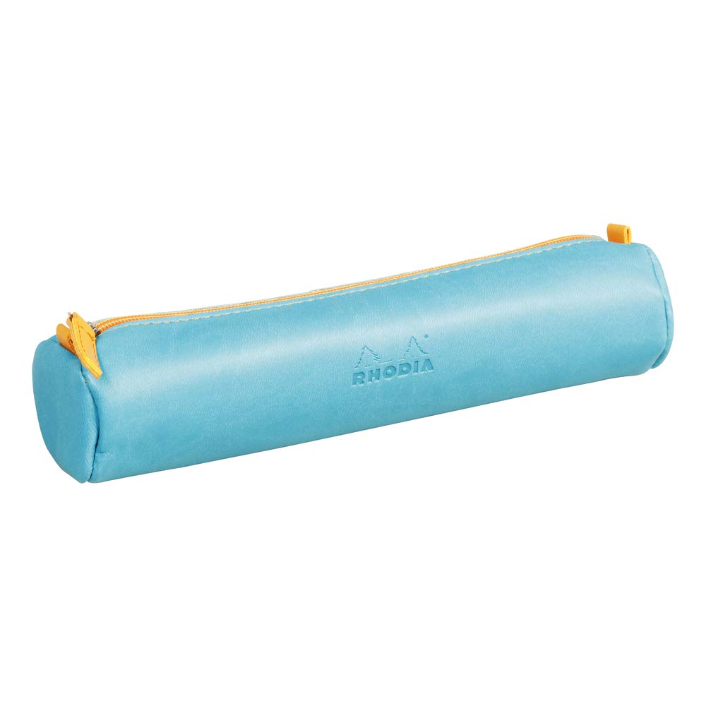 RHODIA 318897C - Rhodiarama Turquoise Round Pencil Case - 21.5 x 5.5 cm - Genuine Orange Stitching - Ivory Jersey Interior - Faux Leather - Storage for Pens, Pencils, Markers, Small Supplies