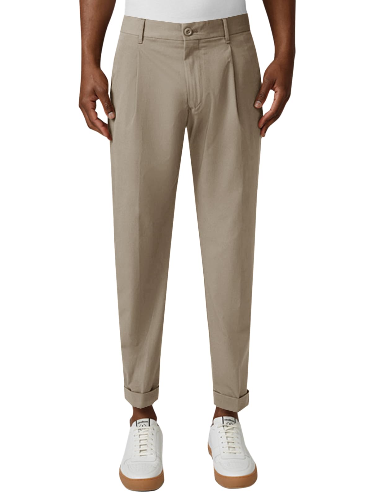 Runcati Mens Slim Fit Dress Pants Casual Stretch Tapered Pleated Business Pants Khaki