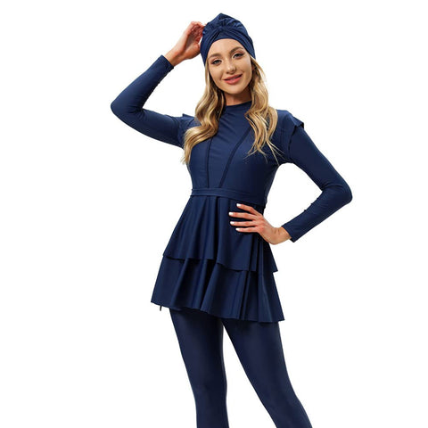 Muslim Swimsuits for Women: Modest Swimwear Islamic Long Sleeve Burkini Swimsuit Full Cover Hijab Swimming Cap Muslim Dress Tops Pants Rash Guard 3 Piece Tankini Set Bathing Suits Blue XX-Large
