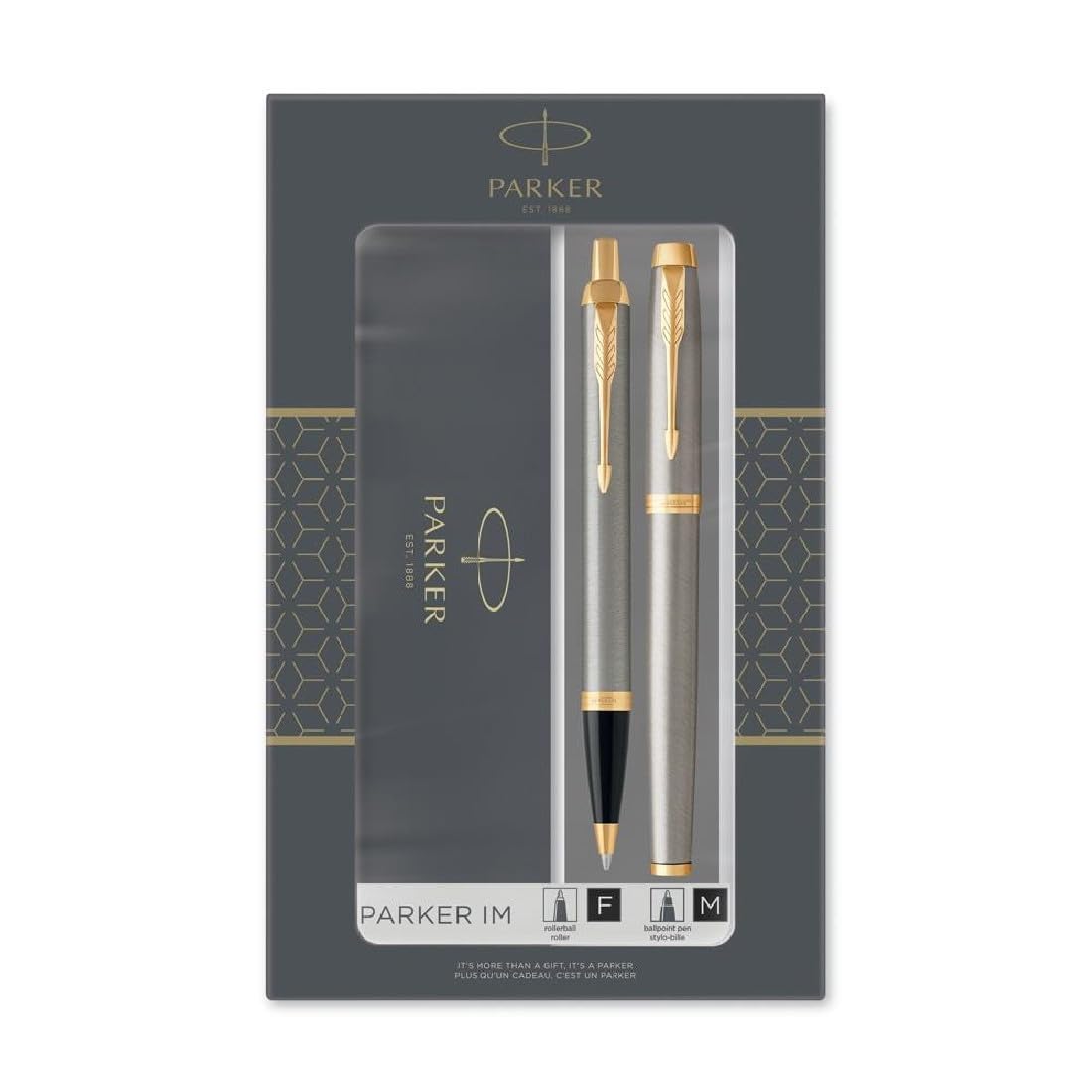 Parker IM Duo Gift Set with Ballpoint Pen & Rollerball Pen, Brushed Metal with Gold Trim, Black Ink Refill & Cartridge, Gift Box