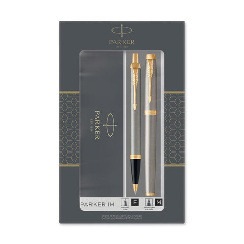 Parker IM Duo Gift Set with Ballpoint Pen & Rollerball Pen, Brushed Metal with Gold Trim, Black Ink Refill & Cartridge, Gift Box