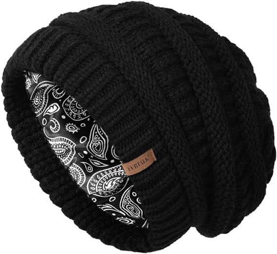 FURTALK Slouchy Beanie Hats for Women Satin Lined Knitted Hat Double Layer Soft Warm Winter Beanie Hat for Girls Black