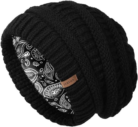 FURTALK Slouchy Beanie Hats for Women Satin Lined Knitted Hat Double Layer Soft Warm Winter Beanie Hat for Girls Black