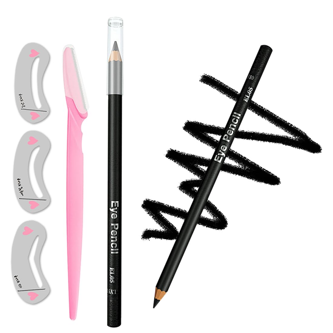 Eyeliner Pencil Set, Smudge Proof Waterproof Eyeliner Pencil for Long Lasting Makeup, [5-in-1] Eyeliner *1; Eyebrow Stencil *3; Eyebrow Razor *1, Black - Ideal for Women; #-0113061