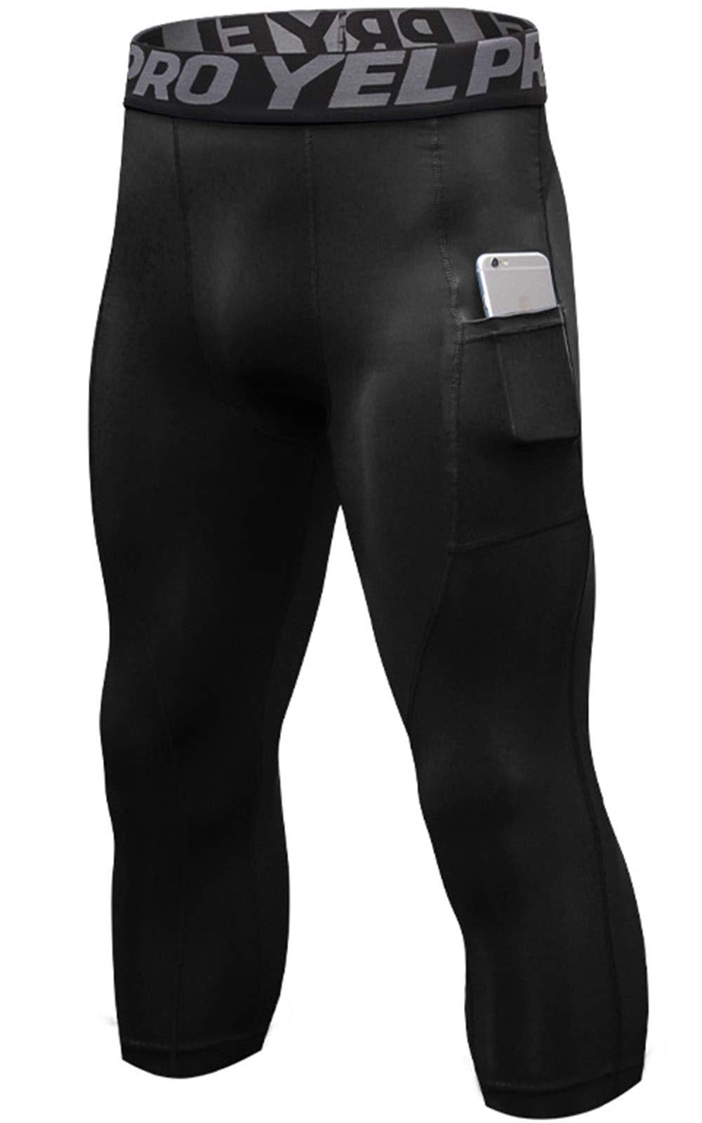 Yuerlian Mens 3/4 Leggings Men 3/4 Compression Pants Baselayer Athletic Workout Running Leggings with Pocket
