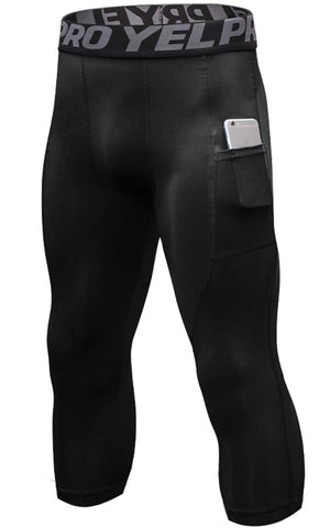 Yuerlian Mens 3/4 Leggings Men 3/4 Compression Pants Baselayer Athletic Workout Running Leggings with Pocket