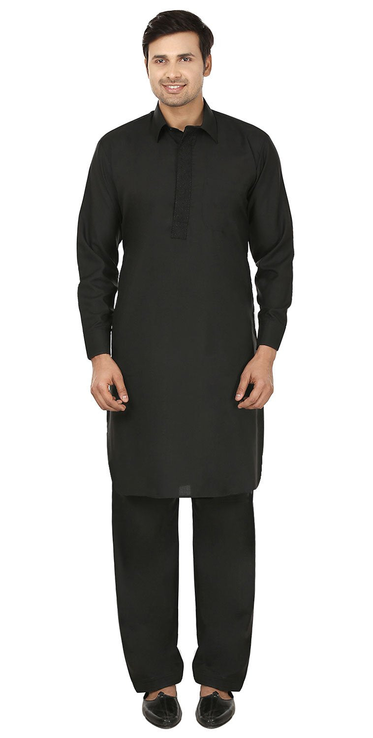 Maple Clothing Mens Pathani Kurta Salwar Set Indian Party Wear (Black, M)